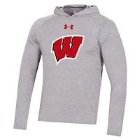 Men's Under Armour  Heather Gray Wisconsin Badgers School Logo Raglan Long Sleeve Hoodie Performance T-Shirt