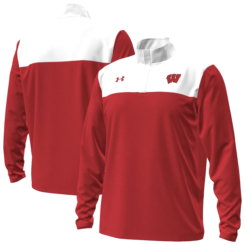 Men's Under Armour Red/White Wisconsin Badgers Green Blocked Quarter-Zip Pullover