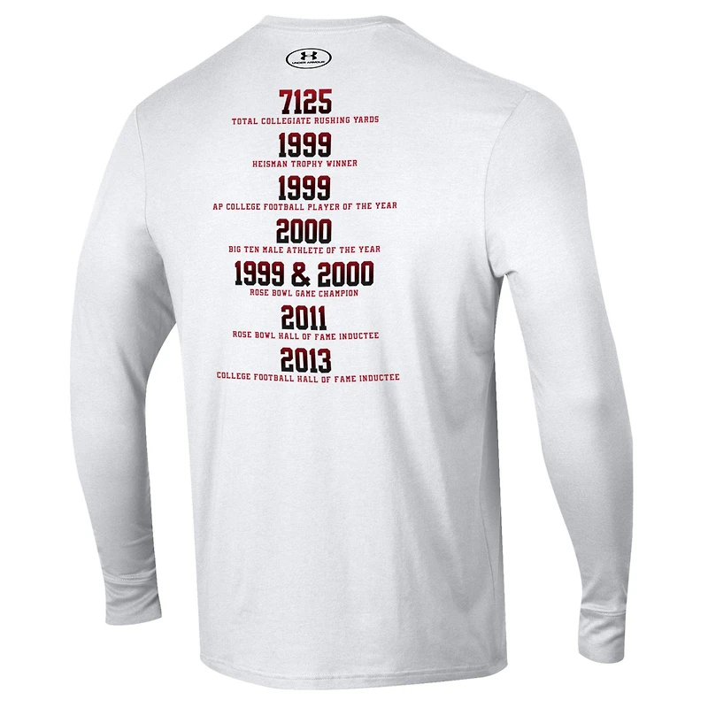 T-shirt à manches longues Ron Dayne pour homme Under Armour avec statistiques des Wisconsin Badgers