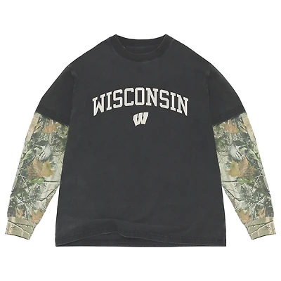 T-shirt à manches longues épais Uscape Apparel noir/camouflage Wisconsin Badgers Back Bay Twofer pour homme