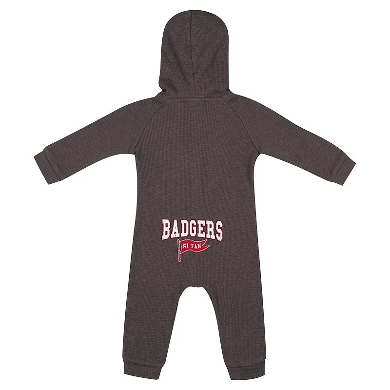 Barboteuse à capuche et boutons-pression en tissu gaufré Zando-Zan pour nouveau-né nourrisson Colosseum Charcoal Wisconsin Badgers