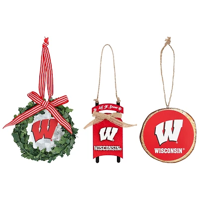 Ensemble de trois couronnes, traîneaux et ornements circulaires Wisconsin Badgers de The Memory Company