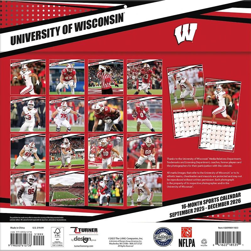 Wisconsin Badgers 12” x 12” 2026 Team Wall Calendar