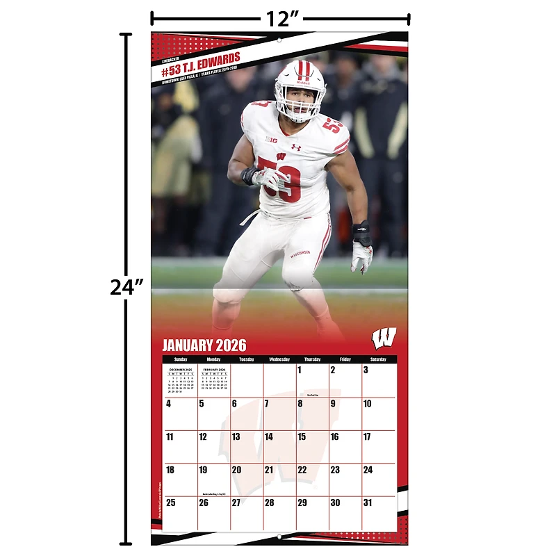 Wisconsin Badgers 12” x 12” 2026 Team Wall Calendar