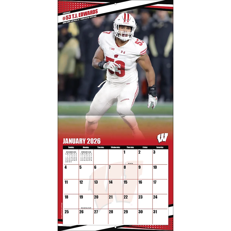 Calendrier mural 2026 des Badgers du Wisconsin (12 po x 12 po)