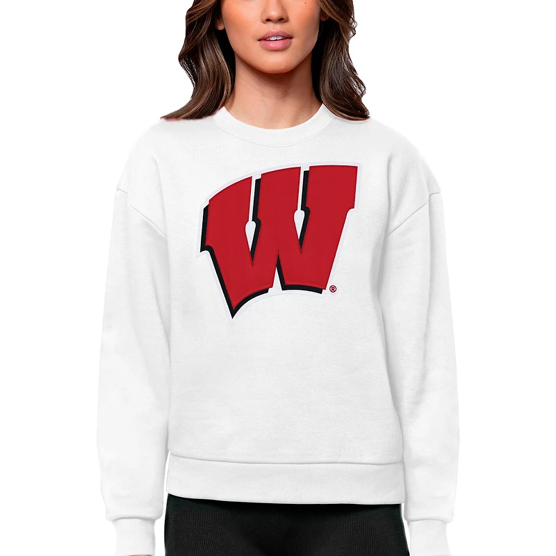 Women's Antigua White Wisconsin Badgers Victory Crewneck Pullover Sweatshirt
