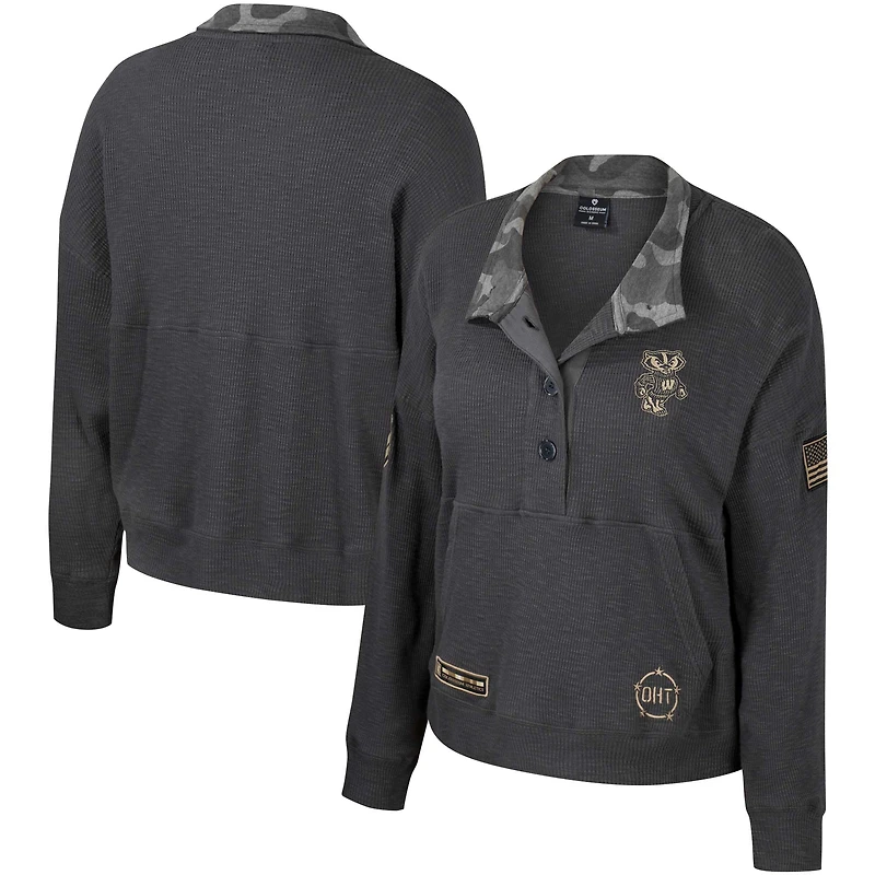Sweat-shirt thermique Colosseum Heather Charcoal Wisconsin Badgers OHT pour femmes, appréciation militaire Payback Henley