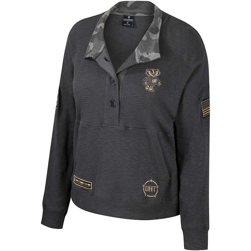 Women's Colosseum  Heather Charcoal Wisconsin Badgers OHT Military Appreciation Payback Henley Thermal Sweatshirt