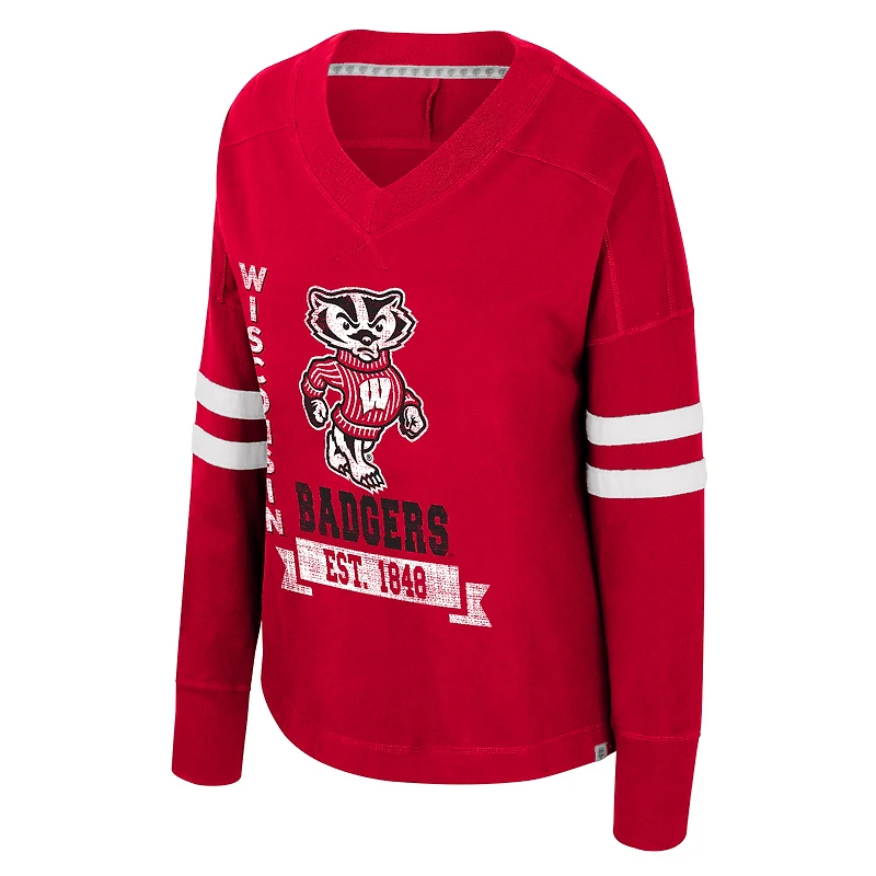 Women's Colosseum Red Wisconsin Badgers Oversized Violet Distressed V-Neck Long Sleeve T-Shirt