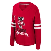 Women's Colosseum  Red Wisconsin Badgers Oversized Violet Distressed V-Neck Long Sleeve T-Shirt