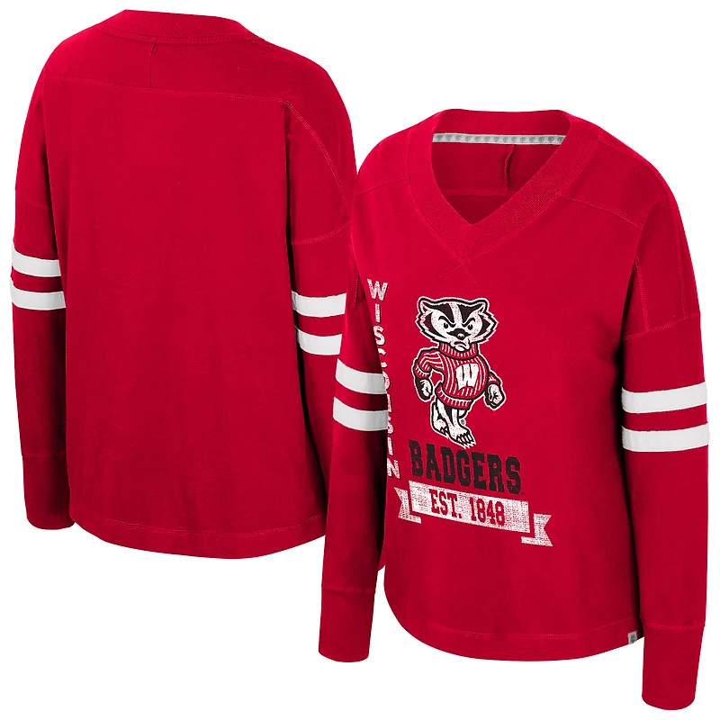 Women's Colosseum Red Wisconsin Badgers Oversized Violet Distressed V-Neck Long Sleeve T-Shirt