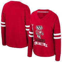 Women's Colosseum  Red Wisconsin Badgers Oversized Violet Distressed V-Neck Long Sleeve T-Shirt
