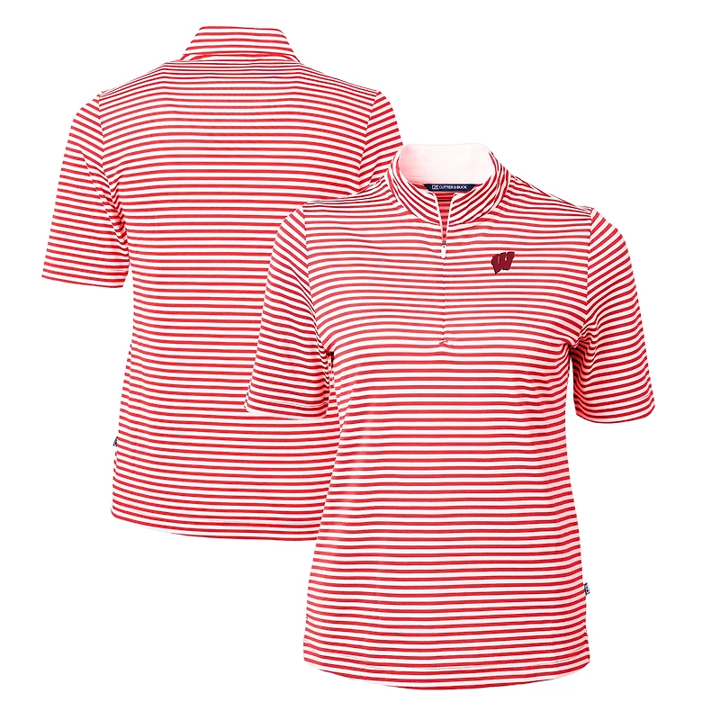 Women's Cutter & Buck Red Wisconsin Badgers DryTec Virtue Eco Pique Stripe Recycled Polo