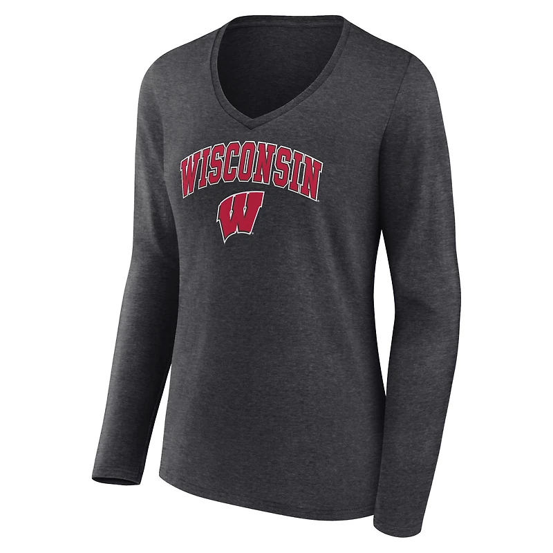 T-shirt à manches longues et col en V pour femme Fanatics Heather Charcoal Wisconsin Badgers Campus