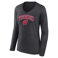 T-shirt à manches longues et col en V pour femme Fanatics Heather Charcoal Wisconsin Badgers Campus