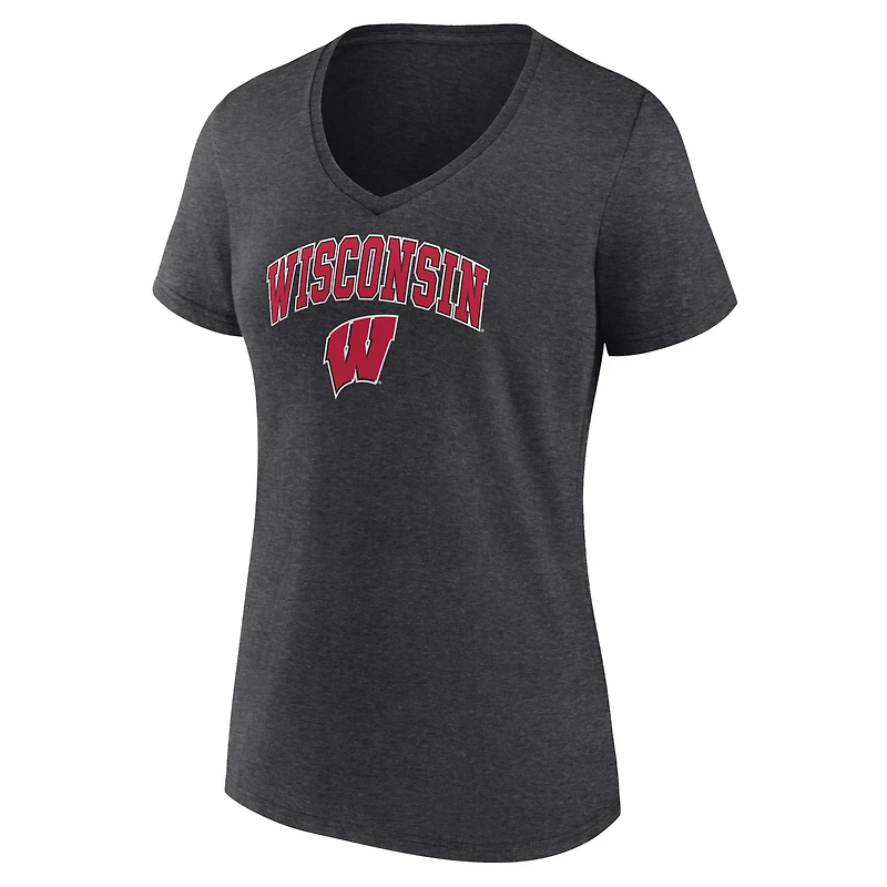 T-shirt à col en V pour femme Fanatics Heather Charcoal Wisconsin Badgers Campus