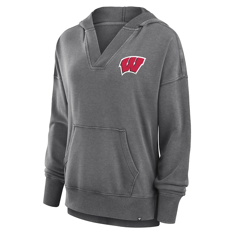 Sweat à capuche col en V molleton français Snow Wash Initiative des Wisconsin Badgers de Heather Gray Fanatics pour femmes