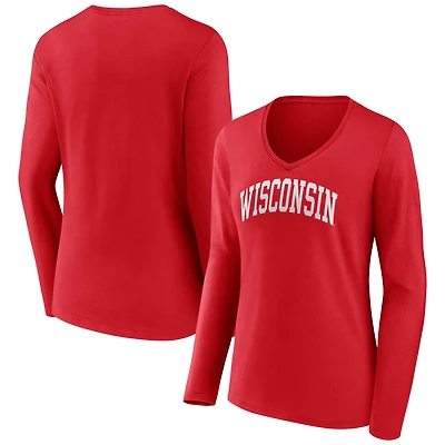 T-shirt à manches longues et col en V Fanatics Red Wisconsin Badgers pour femmes