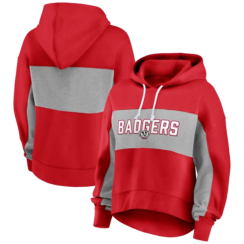 Sweat à capuche Fanatics rouge Wisconsin Badgers pour femme avec fiche de statistiques.