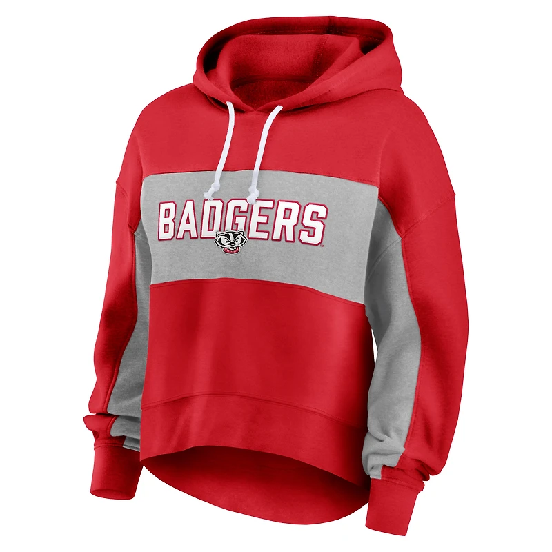 Sweat à capuche Fanatics rouge Wisconsin Badgers pour femme avec fiche de statistiques.