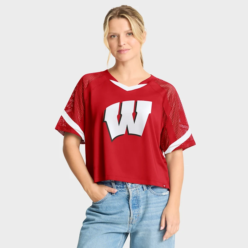 Women's Fanatics Red Wisconsin Badgers Oversized Raglan V-Neck Fashion Jersey