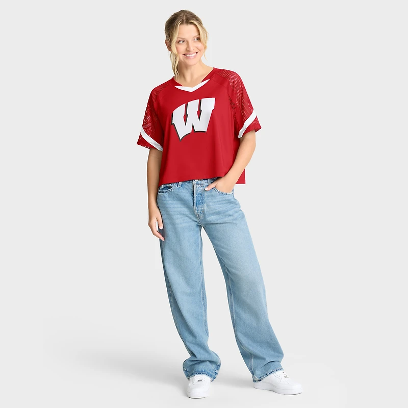 Women's Fanatics Red Wisconsin Badgers Oversized Raglan V-Neck Fashion Jersey