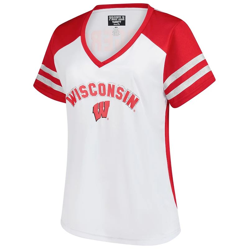 T-shirt à rayures et col en V pour femme, blanc, avec manches pailletées strass, de l'équipe des Wisconsin Badgers, grande taille