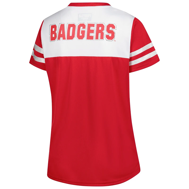 T-shirt à rayures et col en V pour femme, blanc, avec manches pailletées strass, de l'équipe des Wisconsin Badgers, grande taille