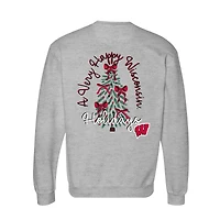 Women's  Heather Gray Wisconsin Badgers Classic Merry Christmas Tree Crewneck Sweatshirt