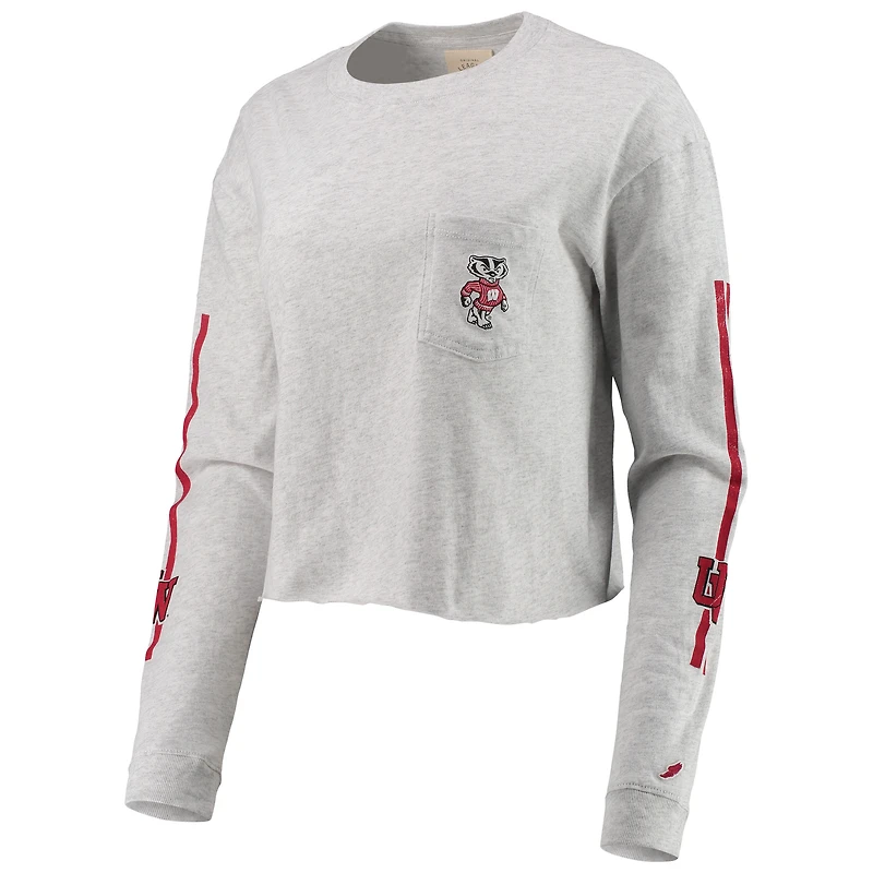 T-shirt court à manches longues en coton gris chiné Wisconsin Badgers Clothesline pour femmes de la Ligue universitaire