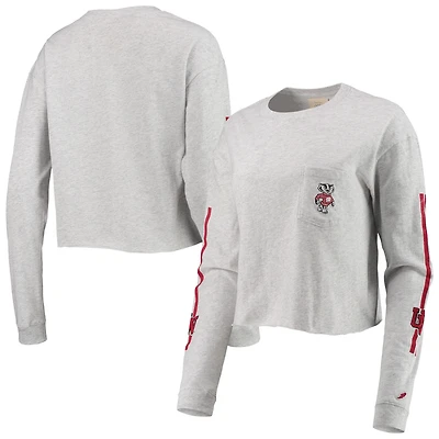 T-shirt court à manches longues en coton gris chiné Wisconsin Badgers Clothesline pour femmes de la Ligue universitaire