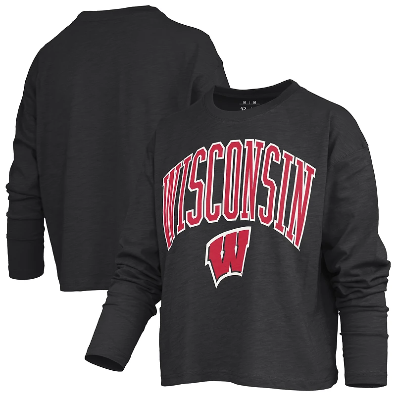 T-shirt à manches longues et coupe carrée pour femme, motif Wisconsin Badgers, noir, Pressbox