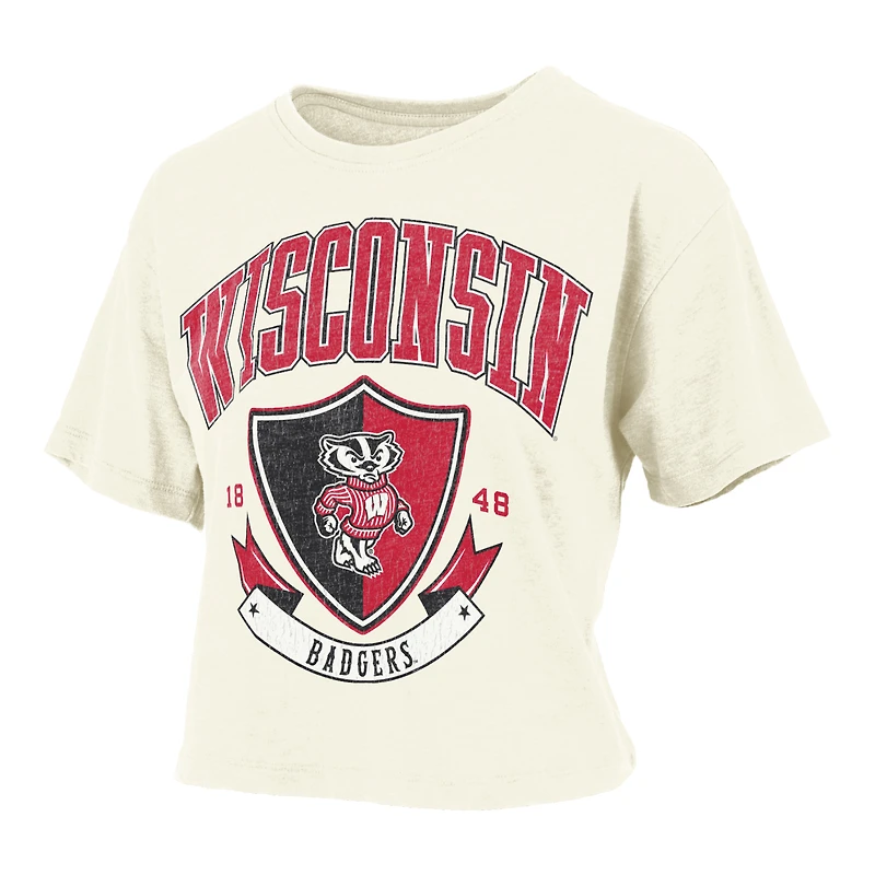 Women's Pressbox Cream Wisconsin Badgers Buckler Vintage Cropped T-Shirt