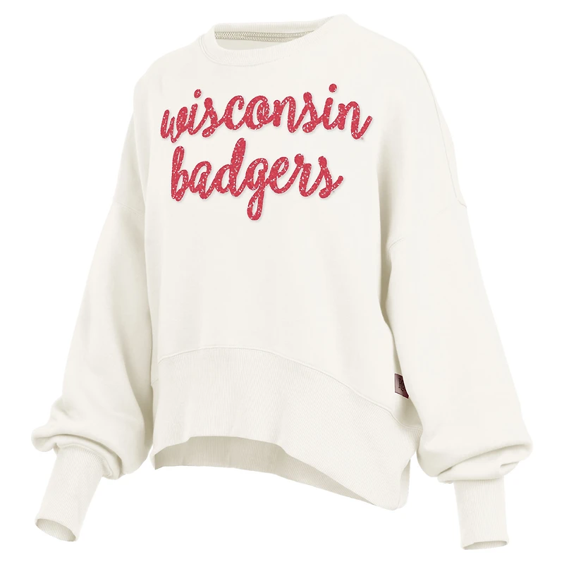 Women's Pressbox Cream Wisconsin Badgers Oversized Chelsea Waist Length Pullover Sweatshirt