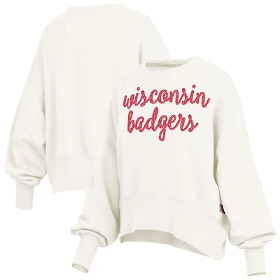 Women's Pressbox Cream Wisconsin Badgers Oversized Chelsea Waist Length Pullover Sweatshirt