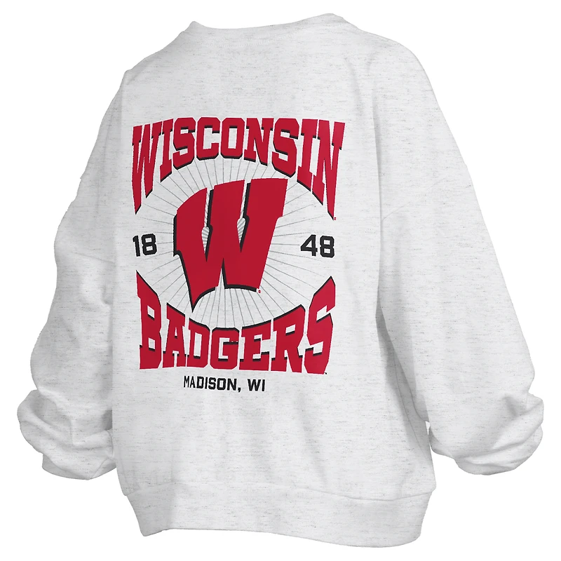 Women's Pressbox Oatmeal Wisconsin Badgers Waist Length Oversized Janise Melange Sweatshirt