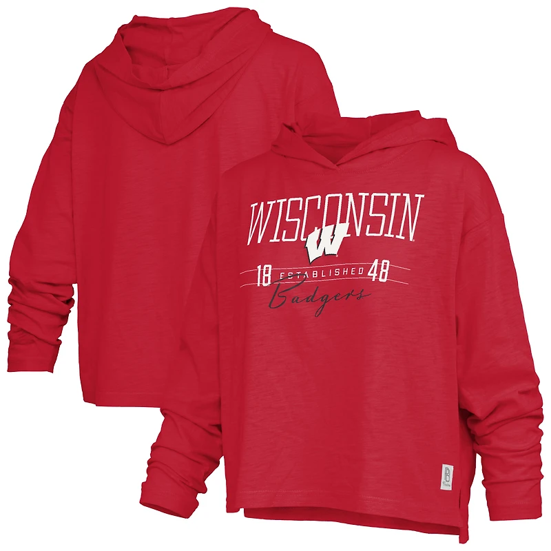 Women's Pressbox  Red Wisconsin Badgers Castillo Slub Waist Length Long Sleeve Hooded T-Shirt
