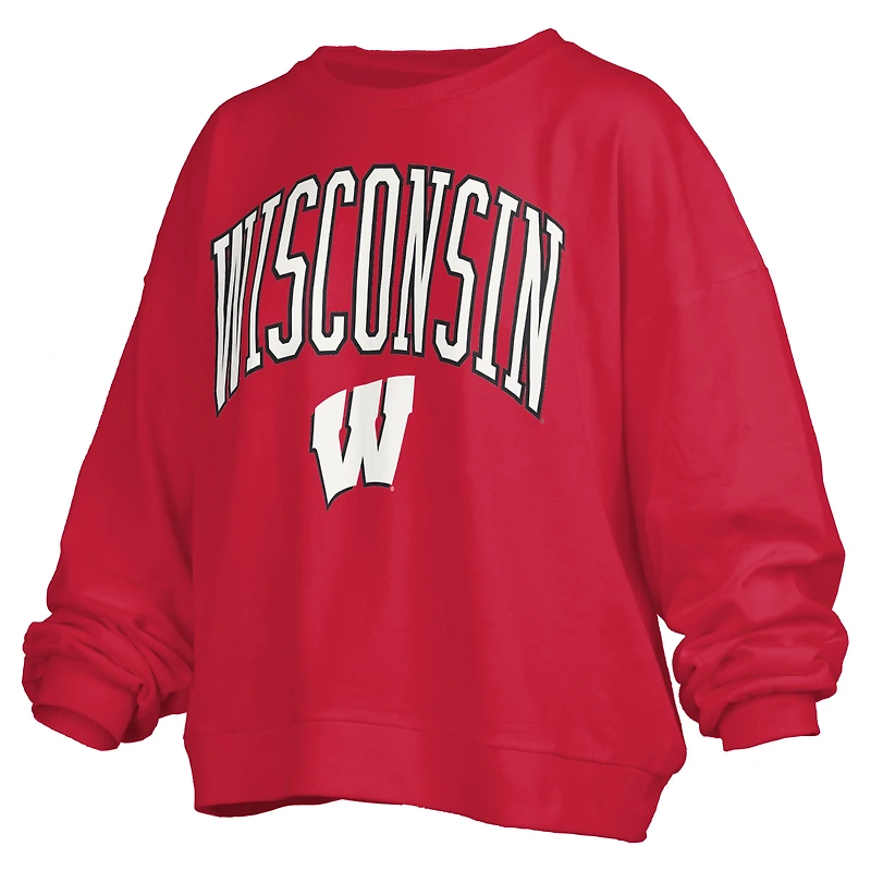 Women's Pressbox Red Wisconsin Badgers Janise Arch Over Logo Waist Length Oversized Pullover Sweatshirt