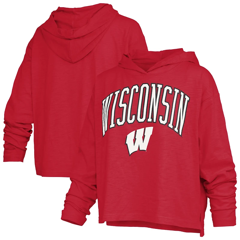 Women's Pressbox  Red Wisconsin Badgers Nelson Arch Over Logo Long Sleeve Hooded Slub T-Shirt
