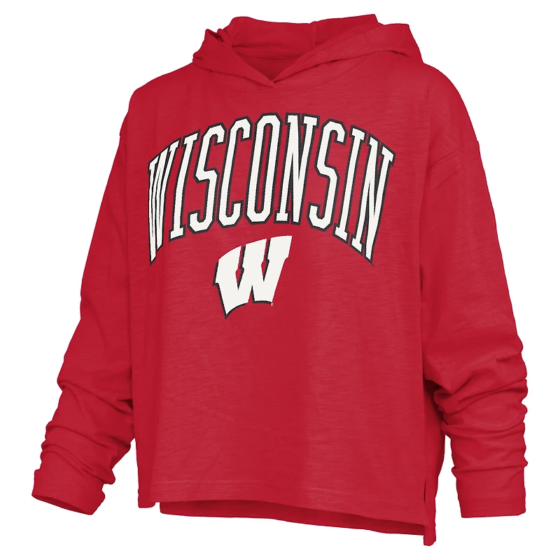 Women's Pressbox  Red Wisconsin Badgers Nelson Arch Over Logo Long Sleeve Hooded Slub T-Shirt