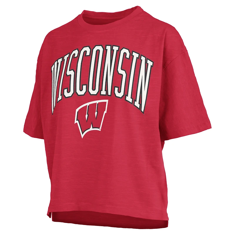 T-shirt surdimensionné rouge pour femme avec logo Arch des Wisconsin Badgers et imprimé Pressbox