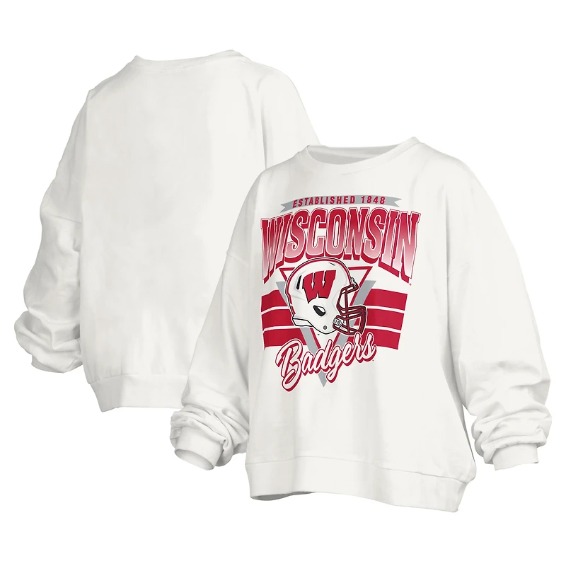 Women's Pressbox White Wisconsin Badgers Janice Retro Logo Oversized Pullover Sweatshirt