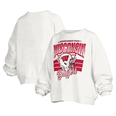 Women's Pressbox White Wisconsin Badgers Janice Retro Logo Oversized Pullover Sweatshirt