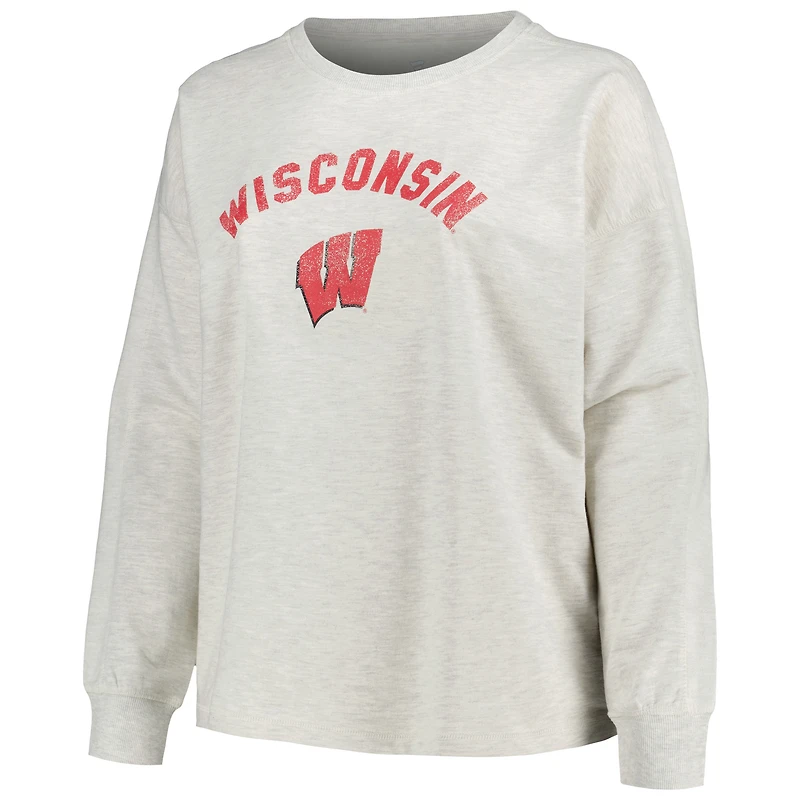Profil pour femme Oatmeal Wisconsin Badgers Grande taille Arche en détresse sur logo Neutre Boxy Pull Sweat-shirt