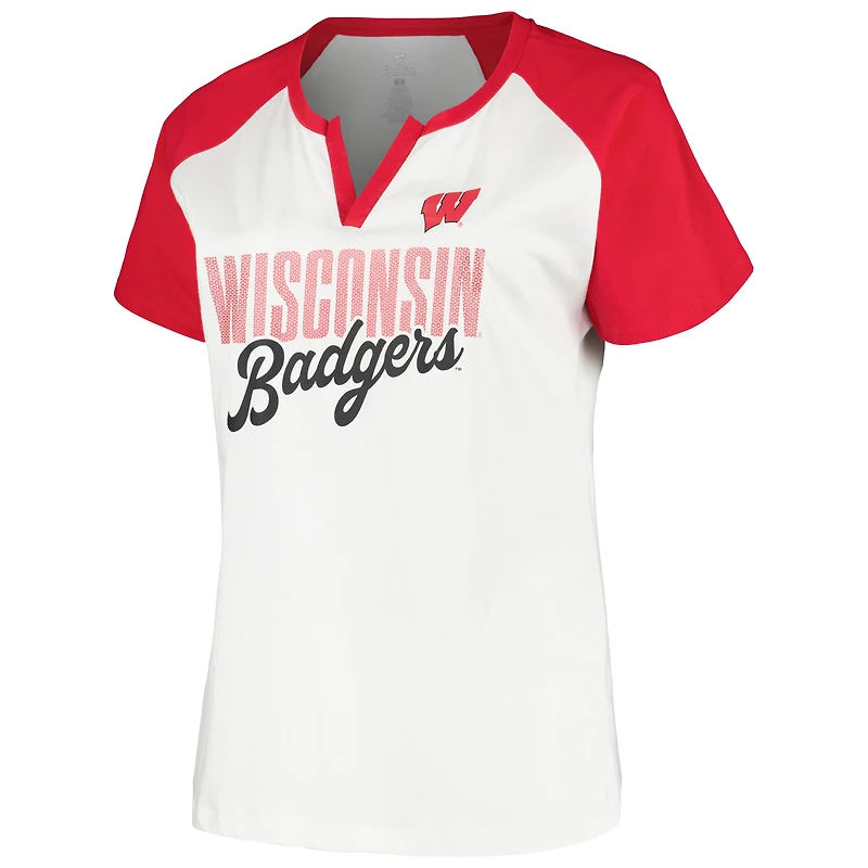 Women's Profile White/Red Wisconsin Badgers Plus Best Squad Shimmer Raglan Notch Neck T-Shirt