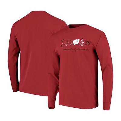 T-shirt à manches longues pour femmes, motif Wisconsin Badgers rouges, couleurs confortables, thème Noël
