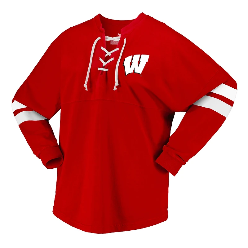 T-shirt à manches longues et col en V pour femme, motif Spirit Jersey, rouge, Wisconsin Badgers