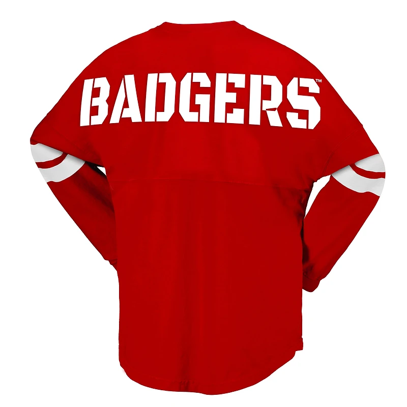 T-shirt à manches longues et col en V pour femme, motif Spirit Jersey, rouge, Wisconsin Badgers