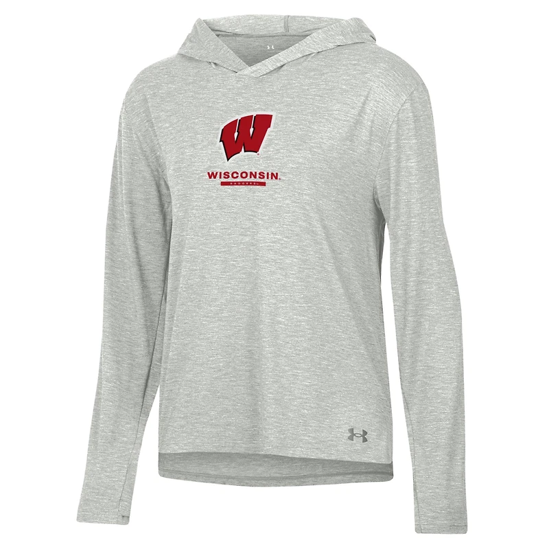 Women's Under Armour Heather Gray Wisconsin Badgers Tri-Blend Breezy Long Sleeve Hoodie T-Shirt