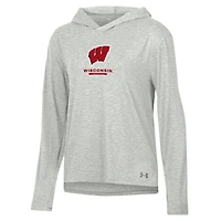 Women's Under Armour Heather Gray Wisconsin Badgers Tri-Blend Breezy Long Sleeve Hoodie T-Shirt